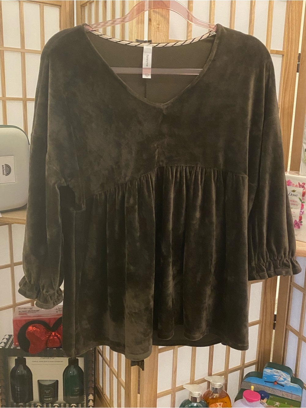 Honeyme Olive Velvet Babydoll Top Size Large 3/4 Sleeve Tunic